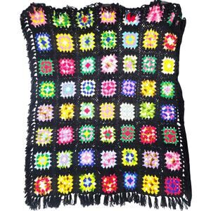 Vintage 70s Granny Square Afghan Crochet Throw Blanket Multicolor 58x45 Crib